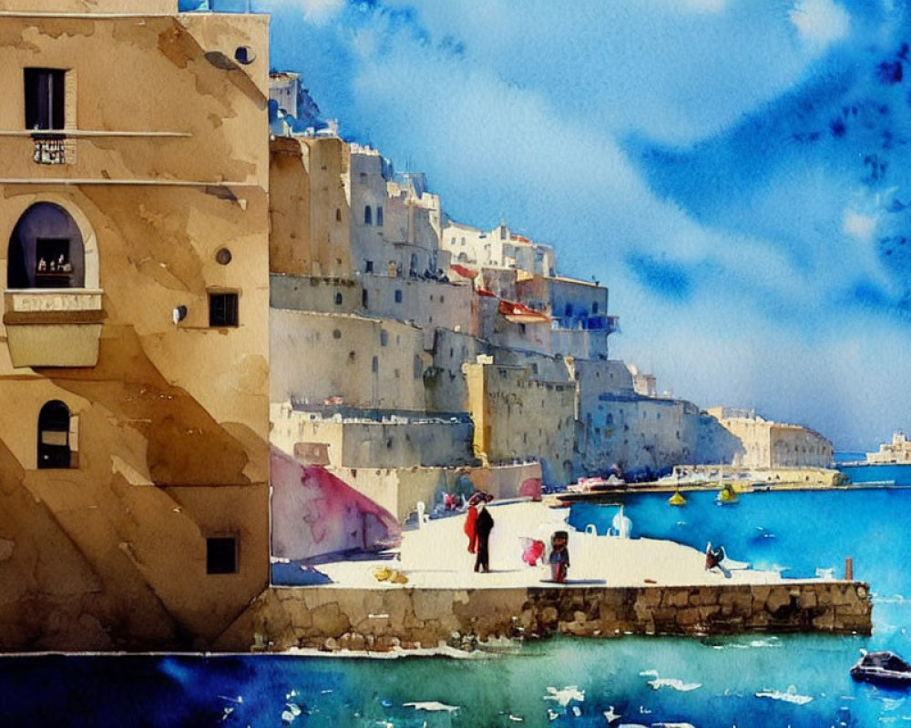 Colorful Watercolor Painting of Coastal Scene with Buildings, Pier, Boat, and Sunny Sky