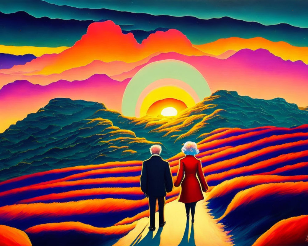 Colorful Artwork: Couple Walking to Sunrise Amid Vibrant Mountains