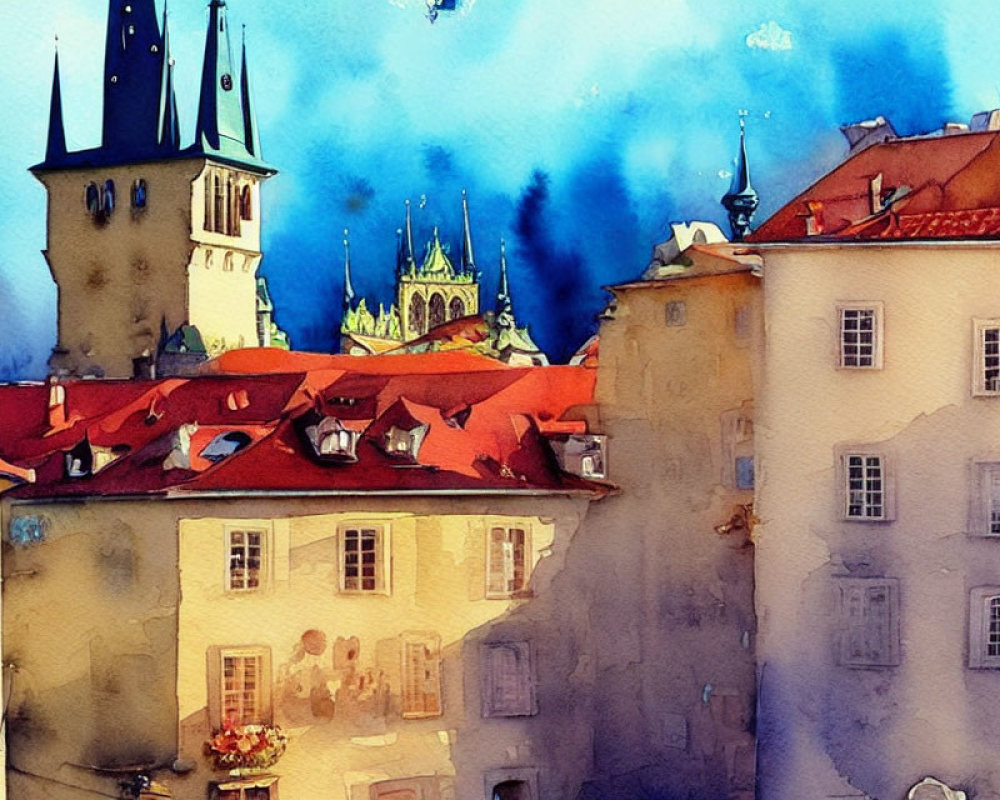European Old Town Watercolor Painting with Charming Buildings and Spires