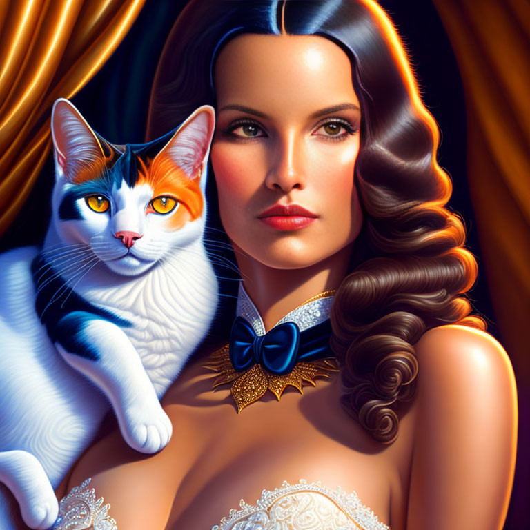 Brown-haired woman with blue bow tie and calico cat on golden draped background