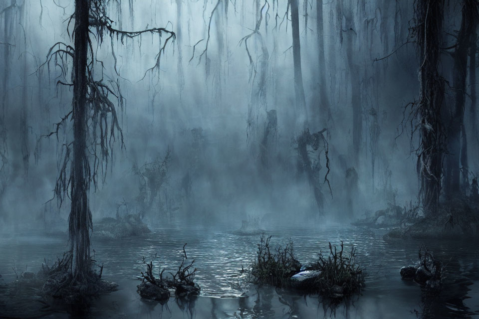 Eerie swamp landscape with fog, bare trees, and hanging moss