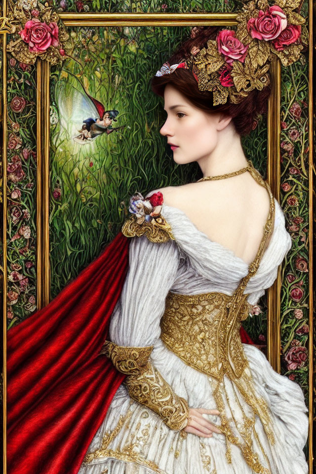 Illustration of elegant woman in white and gold dress with red cape, flowers in hair, observing humming