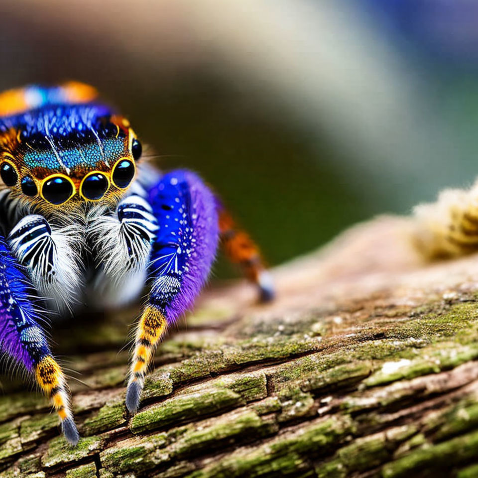 Colorful Jumping Spider with Blue and Orange Patterns on Textured Wood