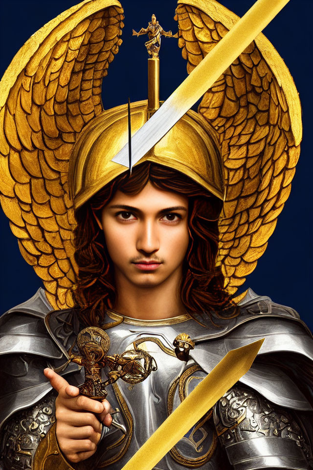Golden winged armor person with sword and scepter on blue background