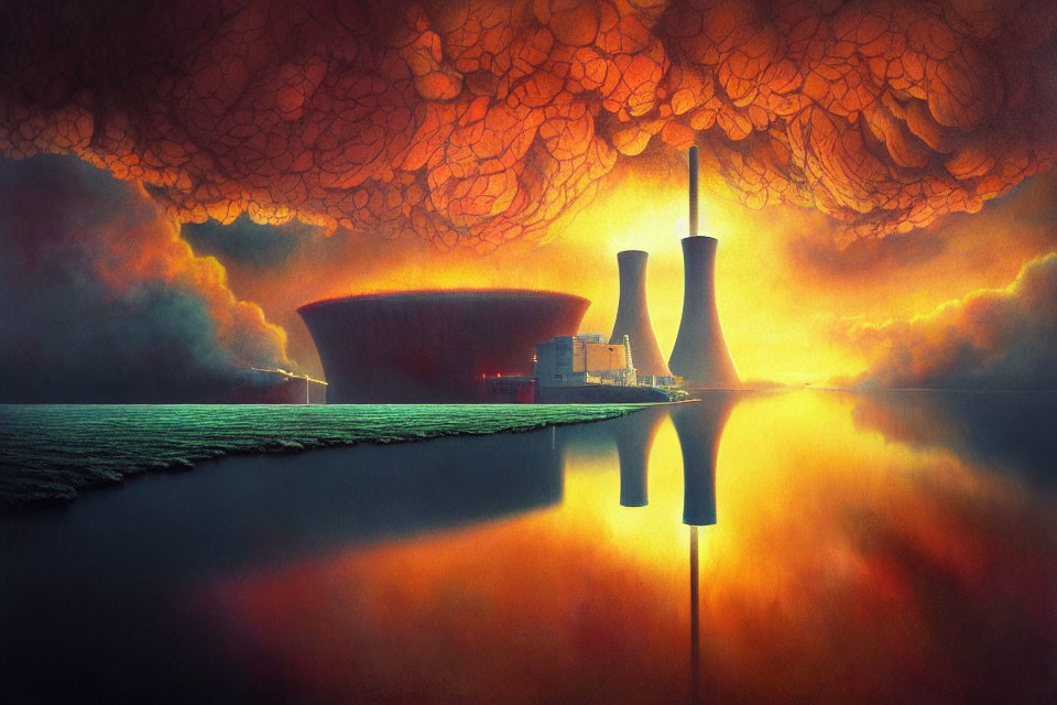 Surreal fiery landscape with nuclear power plant and red sky