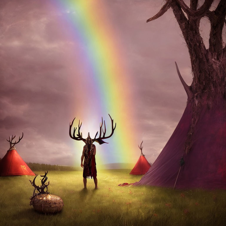 Mystical figure with antlers in field near red tents under dramatic sky with vibrant rainbow and ancient