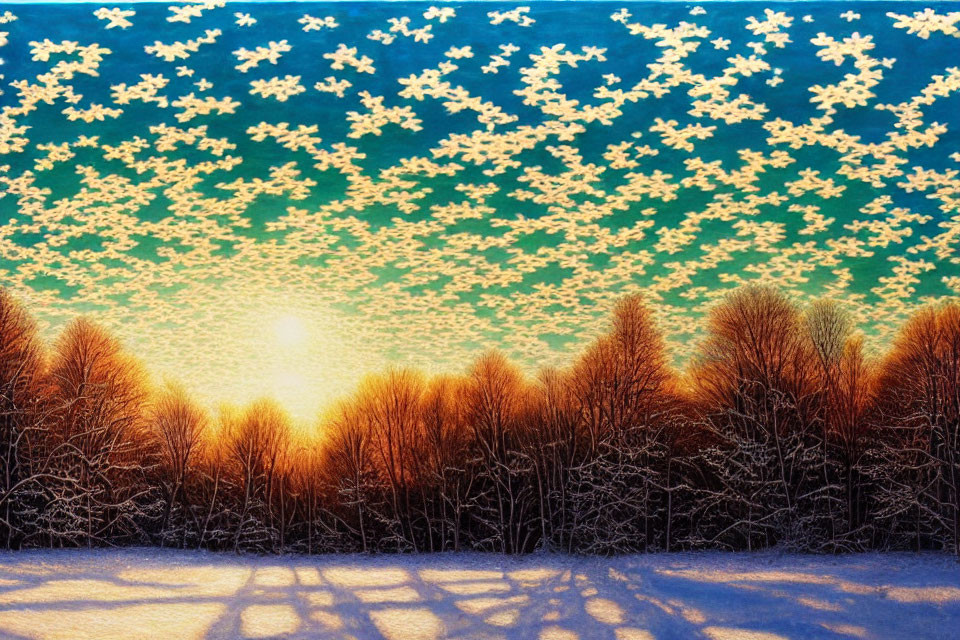 Snow-covered landscape painting at sunset with silhouetted trees and falling snowflakes