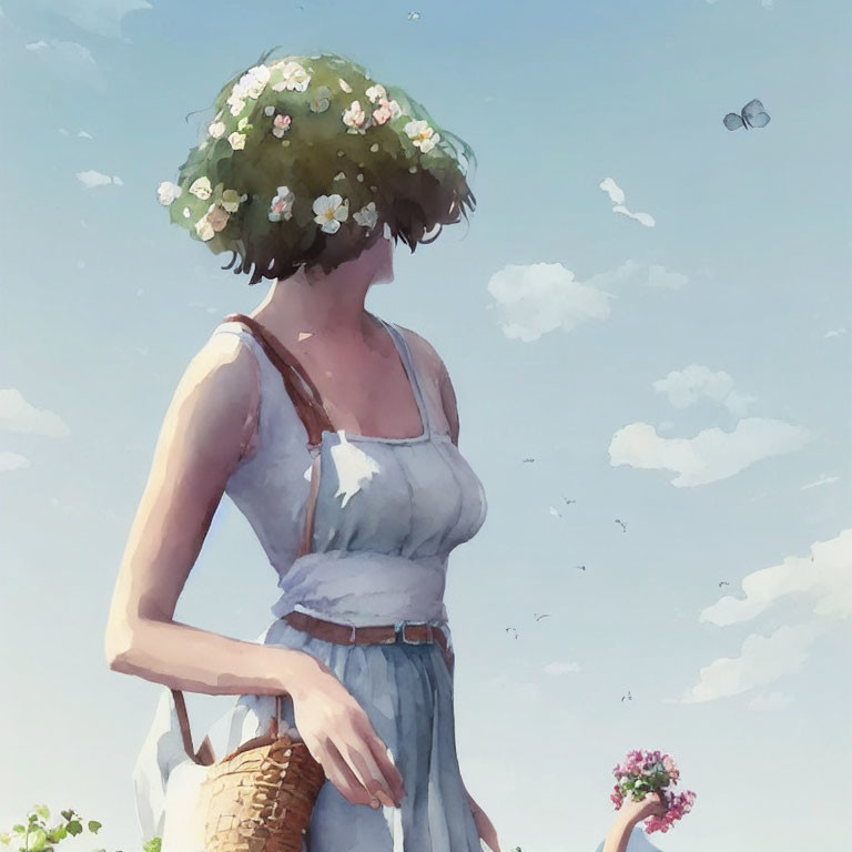 Woman in white dress with floral wreath holding basket and flowers under cloudy sky