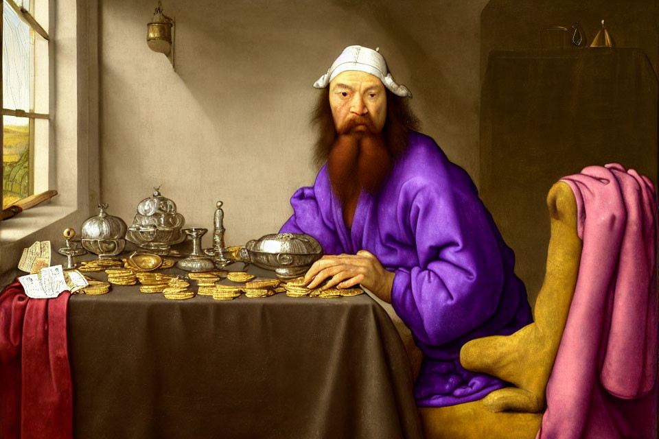 Bearded person in purple robe at table with silver vessels and coins, illuminated by window