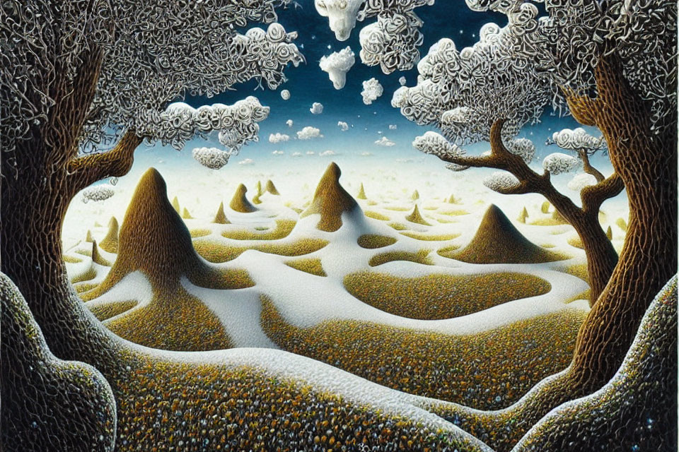 Surreal Winter Landscape with Snow-Covered Hills and Twisted Trees