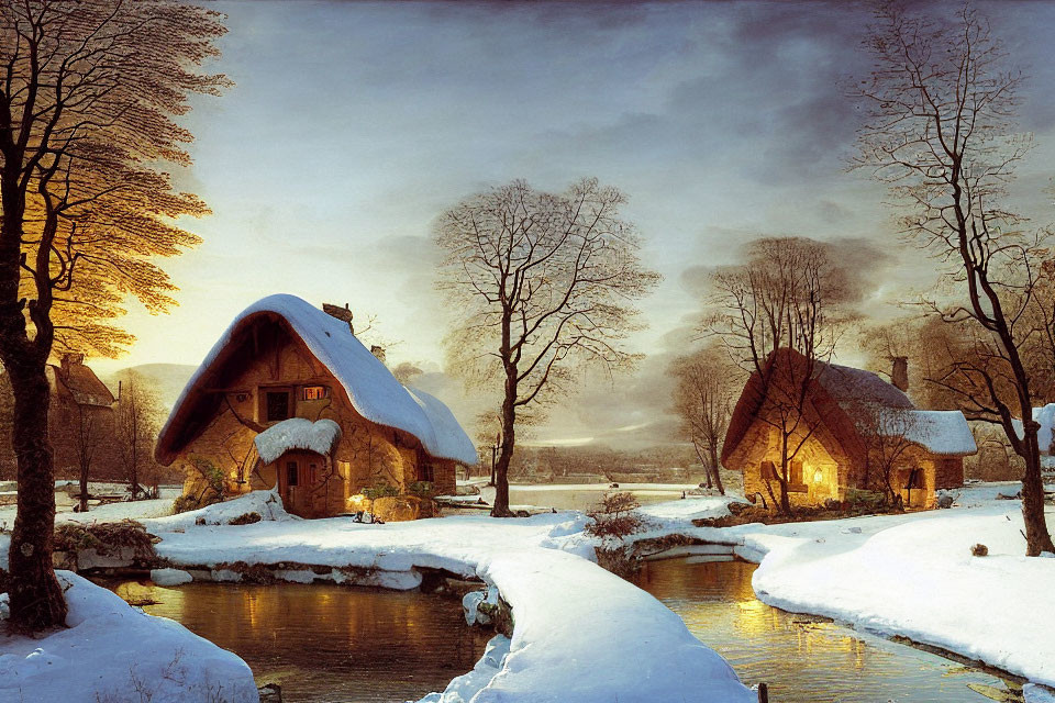 Winter Thatched-Roof Cottages by Frozen River at Dusk