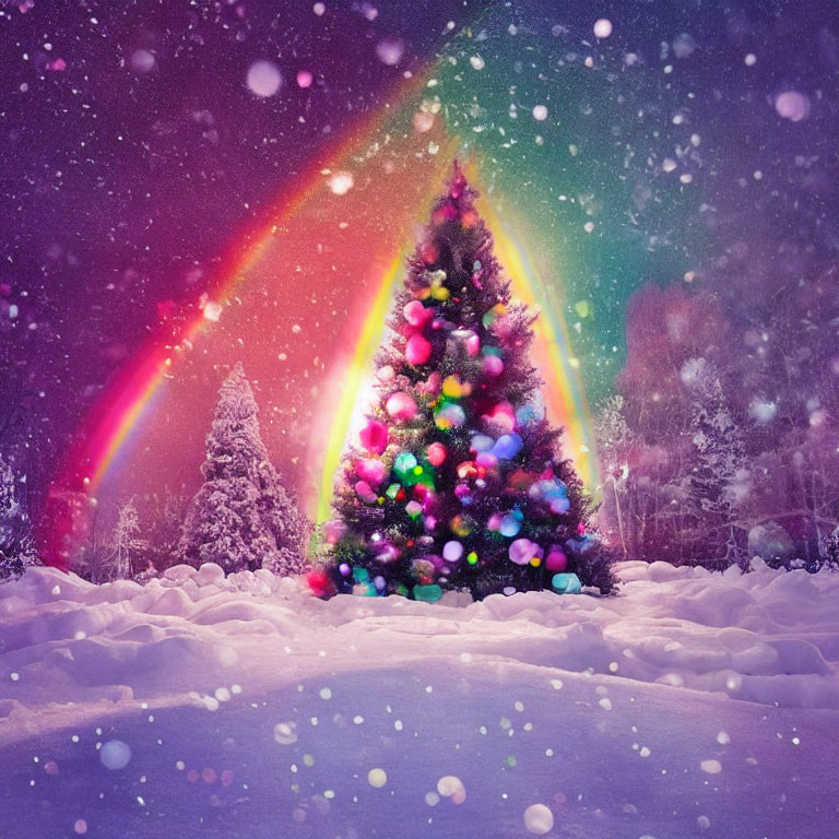 Colorful Christmas Tree with Rainbow in Snowy Landscape