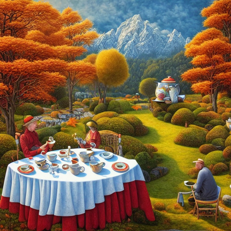 Surreal outdoor painting: Three individuals having tea in vibrant garden, autumn trees, mountain backdrop
