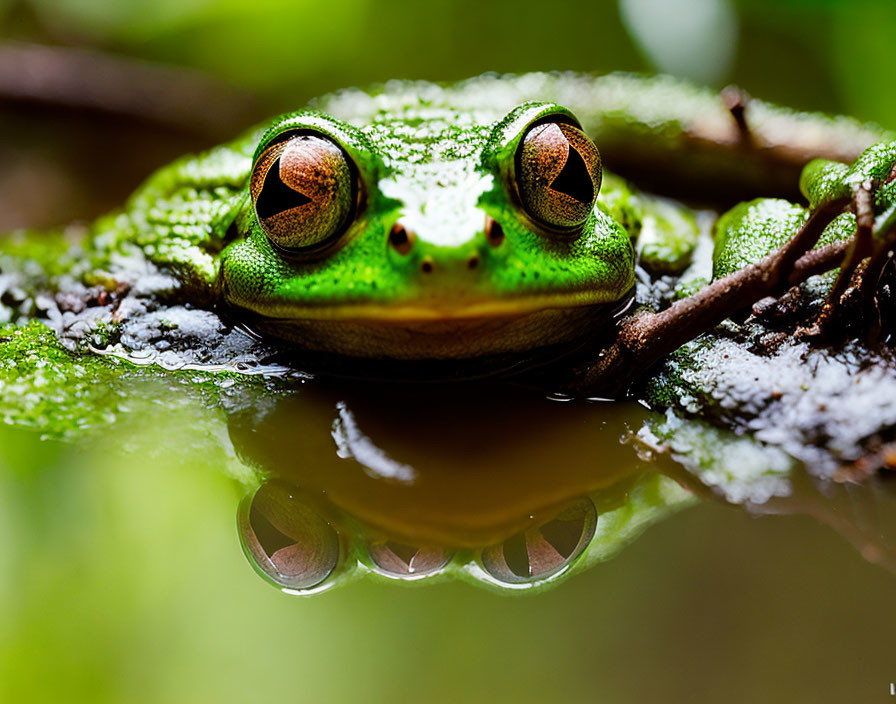 Vivid Green Frog Reflected in Water on Leafy Background