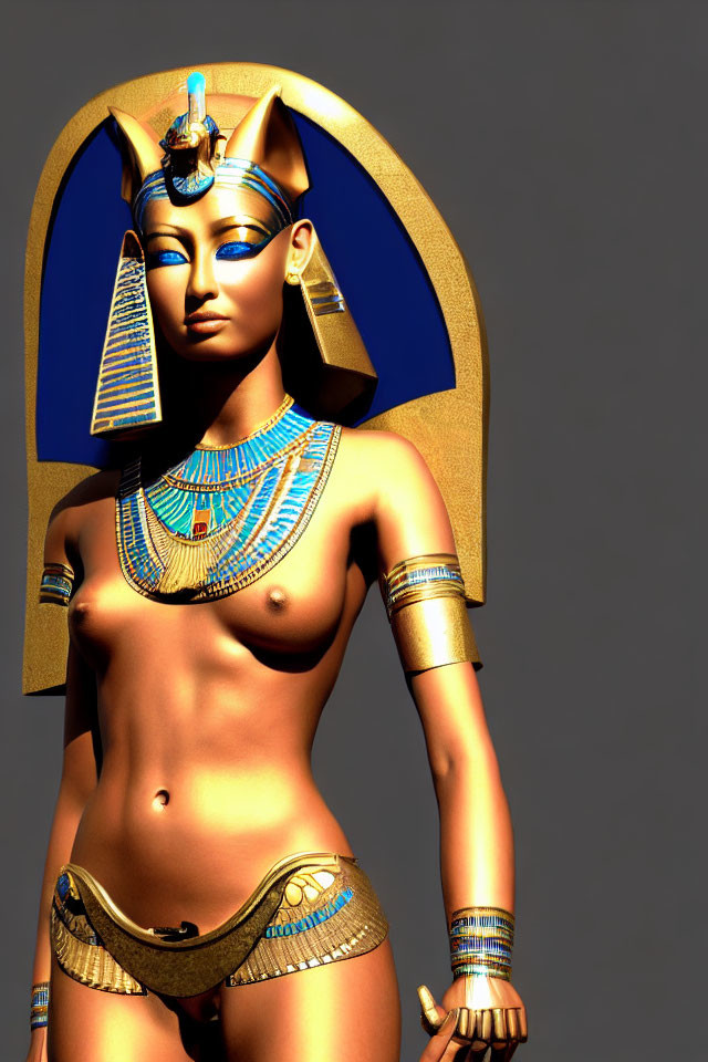 Anthropomorphic Golden Egyptian Cat Goddess 3D Rendered Image