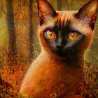 Brown Cat with Yellow Eyes on Textured Golden Background: Mystical Artistic Rendition