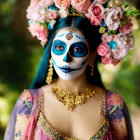 Person with ornate skull makeup and colorful flowers in hair, wearing traditional attire and gold jewelry against floral