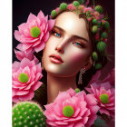 Colorful digital artwork: Woman surrounded by pink lotus flowers and cactus plants on dark background