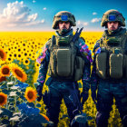 Soldiers in combat gear in sunflower field with rifles.