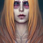 Person with Red and Black Streak Eye Makeup, Long Orange Hair, Colorful Pendant