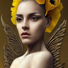 Person adorned with golden wings, large yellow flower, and unique eye features