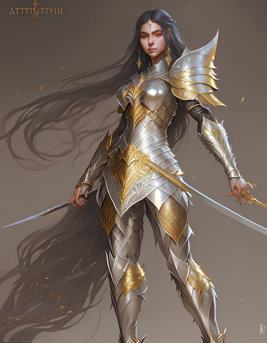 Female Warrior Digital Artwork in Golden Armor with Longsword