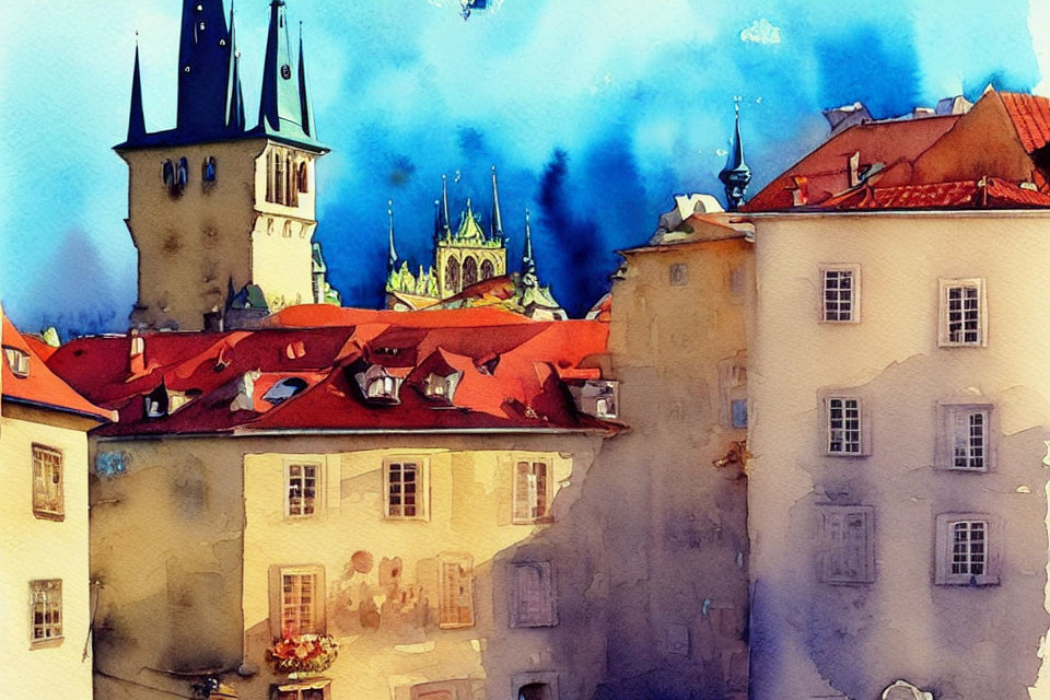 European Old Town Watercolor Painting with Charming Buildings and Spires