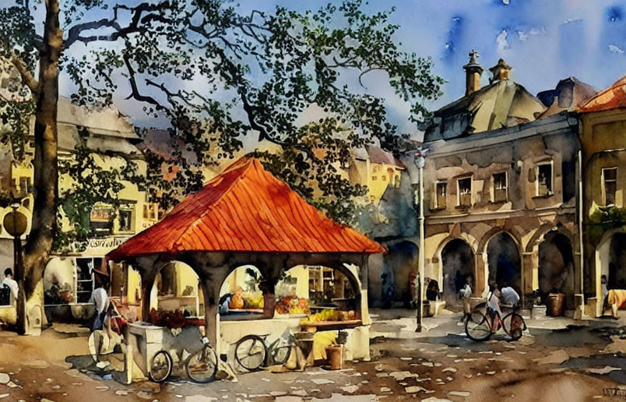Colorful Watercolor Street Scene with Market Stall, People, Buildings, and Bicycle
