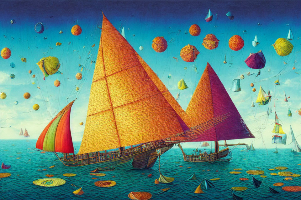 Colorful sailing ship with orange sails on blue sea, surrounded by lanterns and boats under blue sky