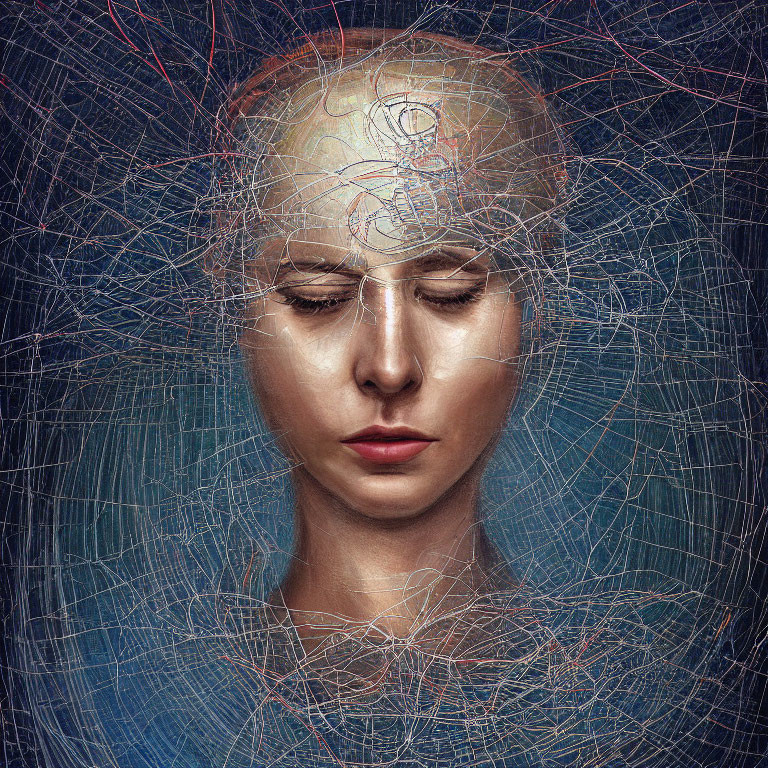 Detailed digital portrait: Woman with closed eyes, mechanical and wireframe textures, futuristic cybernetic theme