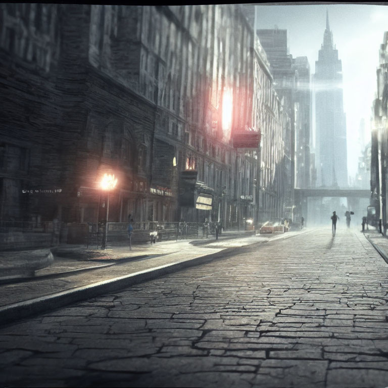 Misty urban street with vintage architecture and solitary figure