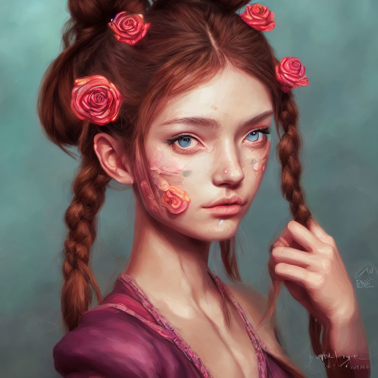Digital painting of young woman with braided hair, roses, blue eyes, and floral face paint on
