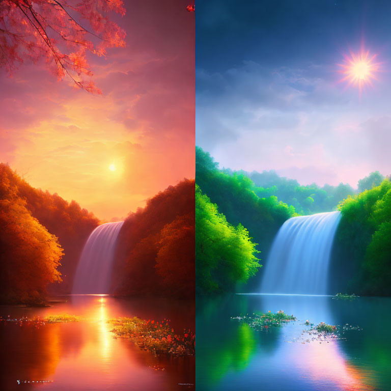 Split-image of serene waterfall scene: warm red tone on left, cool daylight on right