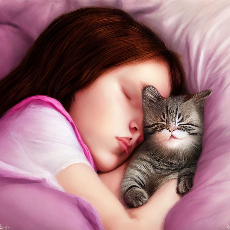 Young girl sleeping with gray kitten in pink bedding