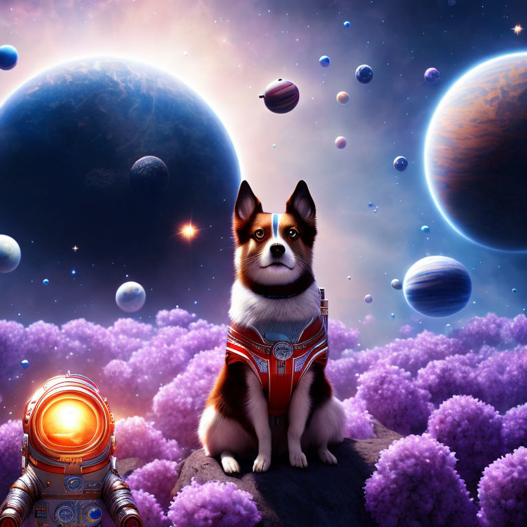 Dog in spacesuit on rocky surface in vibrant cosmic scene with planets and stars.
