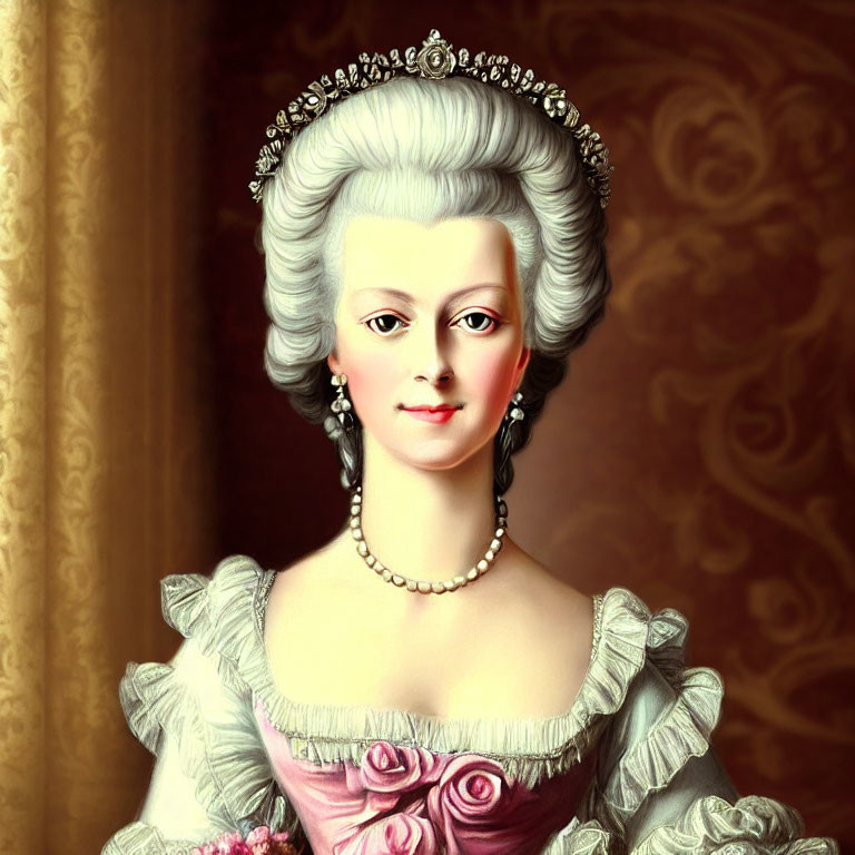 Digital painting of woman in 18th-century aristocrat attire on warm-toned background
