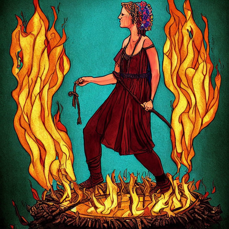 Illustrated woman walking in fiery landscape with key in hand