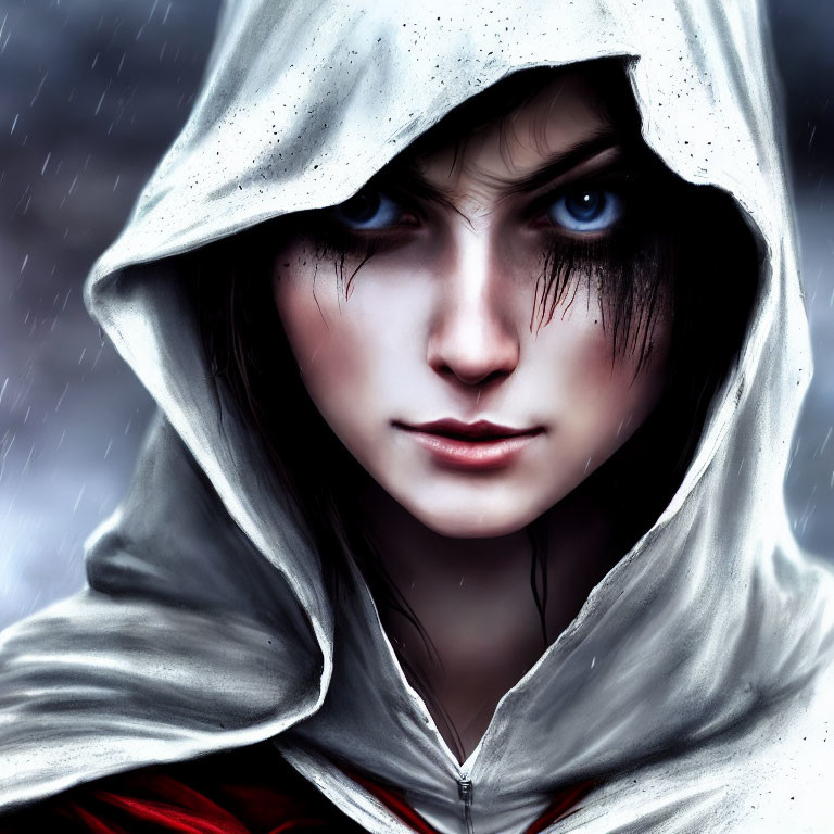 Person with Blue Eyes in White Hooded Cloak in Rainy Setting