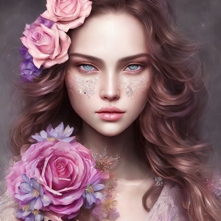 Digital artwork of woman with wavy brown hair and pink roses, emitting ethereal vibe