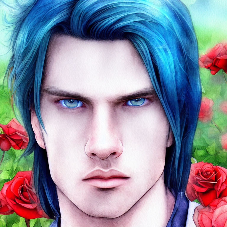 Vivid Blue Hair and Eyes Against Red Roses Background
