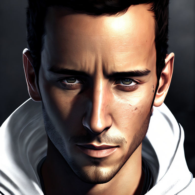 Portrait of man with stubble in white hoodie on dark background