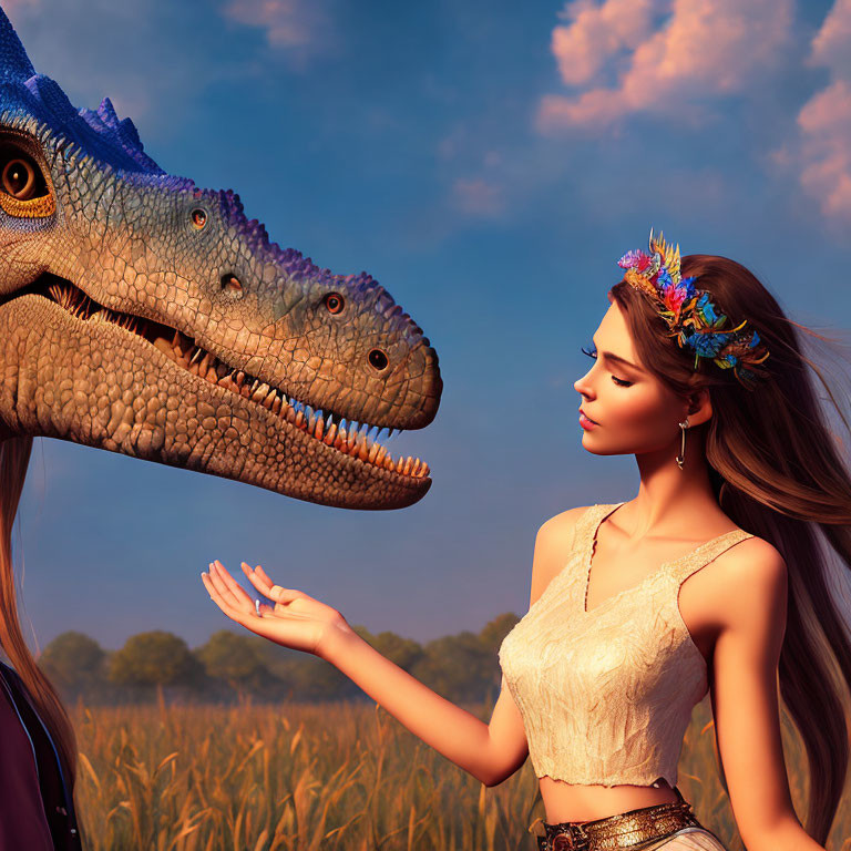 Young woman with floral headpiece meets friendly dinosaur in sunset field