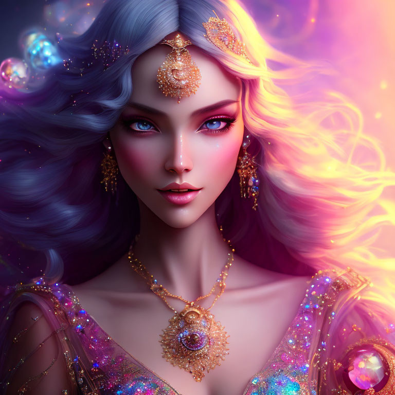 Violet-haired woman with blue eyes in cosmic fantasy portrait
