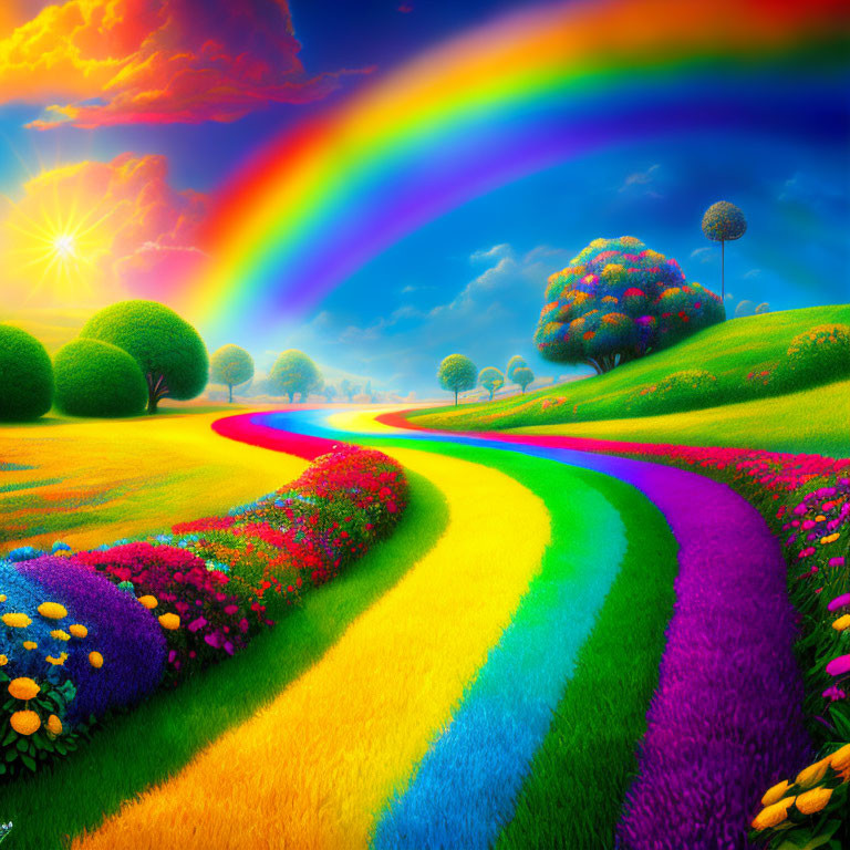 Colorful Landscape with Rainbow, Sun, and Flower-lined Paths