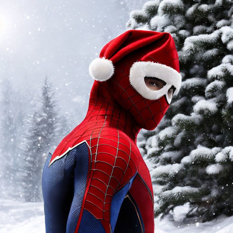 Festive Spider-Man in Santa Hat with Snow and Pine Trees