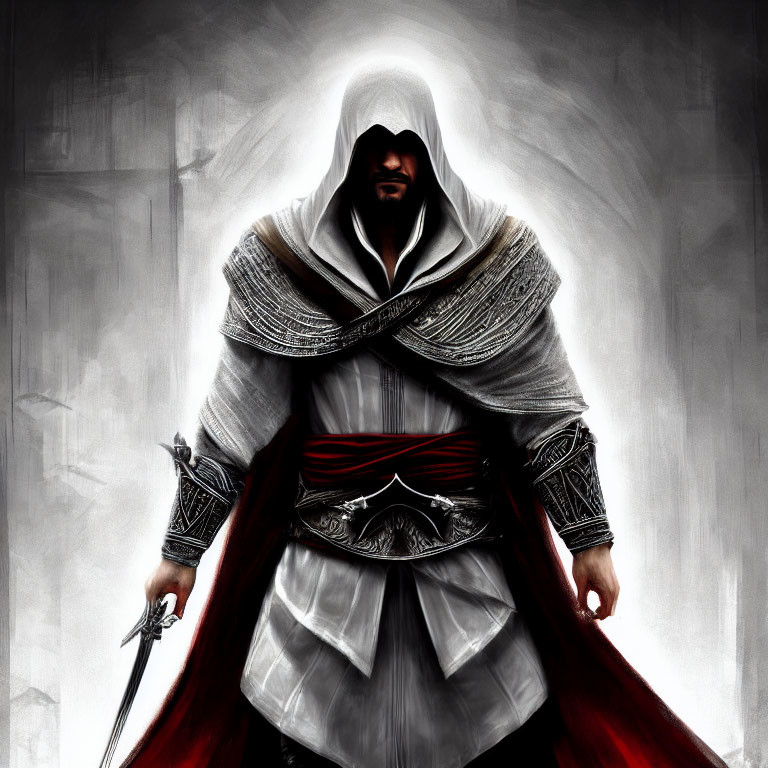 Hooded Figure in White Robes with Red Sword on Grey Background