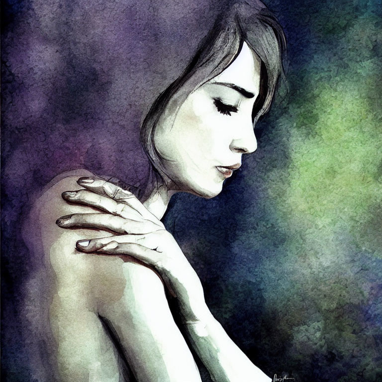 Pensive woman watercolor illustration on colorful backdrop