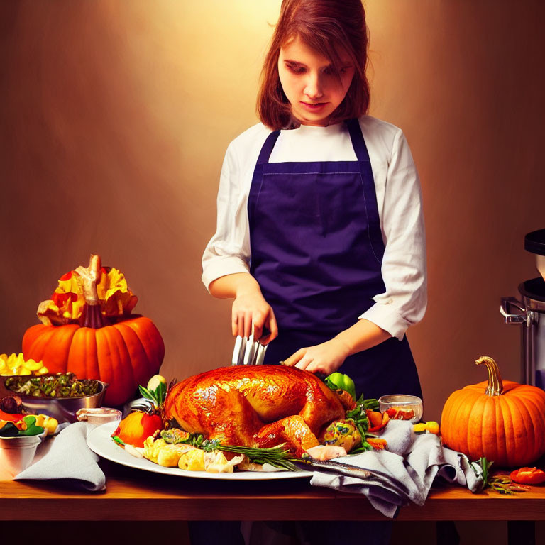 Woman carving roasted turkey on pumpkin-adorned table