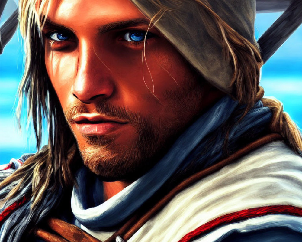 Digital Painting of Blue-Eyed Man in White Hood and Red Cloak