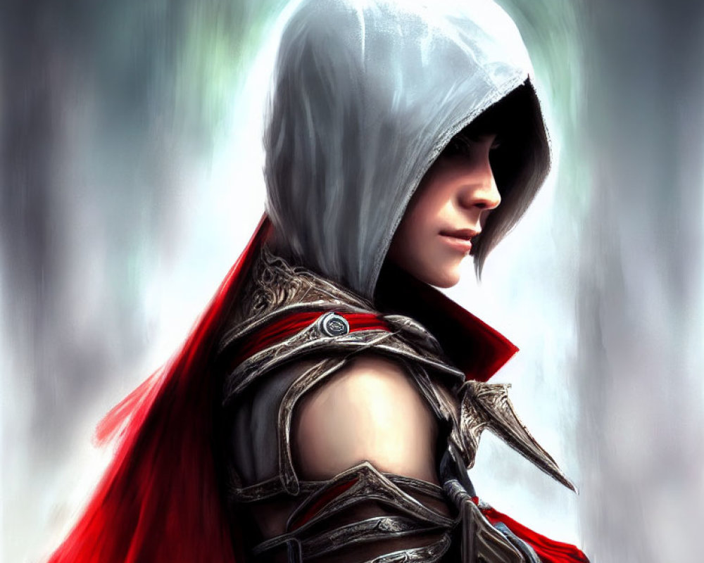 Mysterious figure in red and grey hooded cloak